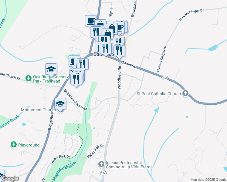 map of restaurants, bars, coffee shops, grocery stores, and more near 26040 Woodfield Road in Damascus