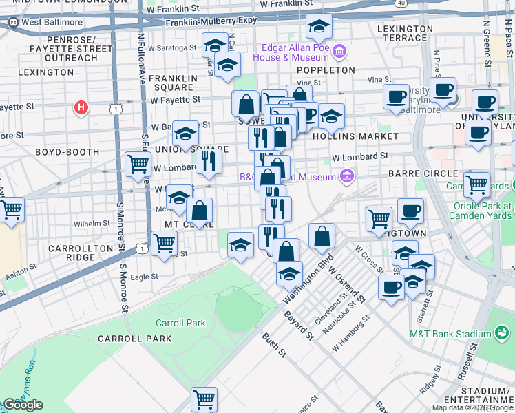 map of restaurants, bars, coffee shops, grocery stores, and more near 218 South Carey Street in Baltimore