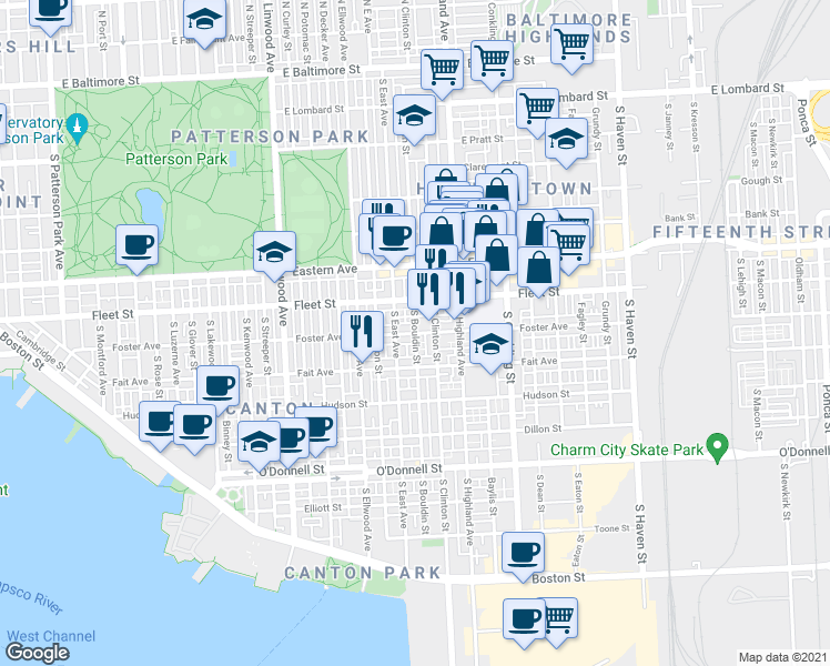 map of restaurants, bars, coffee shops, grocery stores, and more near Foster Avenue & South Bouldin Street in Baltimore