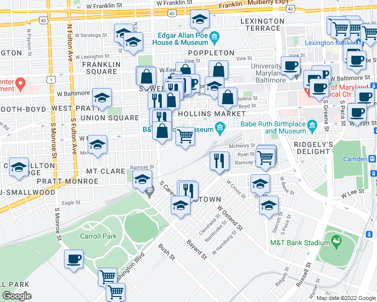 map of restaurants, bars, coffee shops, grocery stores, and more near 1205 West Pratt Street in Baltimore