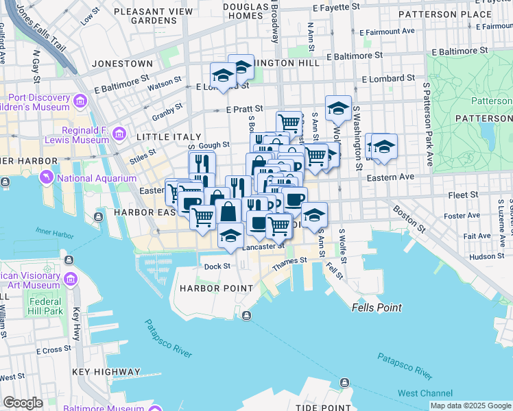map of restaurants, bars, coffee shops, grocery stores, and more near Fleet Street & South Bond Street in Baltimore