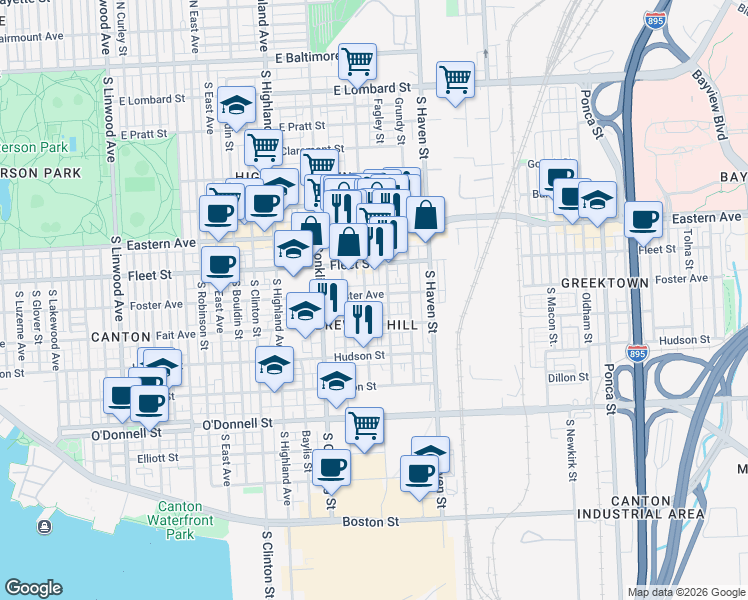 map of restaurants, bars, coffee shops, grocery stores, and more near 3809 Foster Avenue in Baltimore