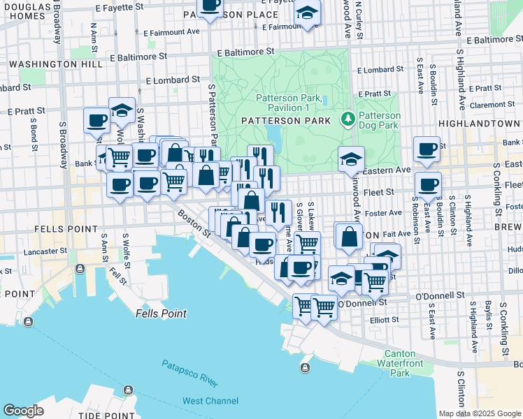 map of restaurants, bars, coffee shops, grocery stores, and more near 616 South Milton Avenue in Baltimore