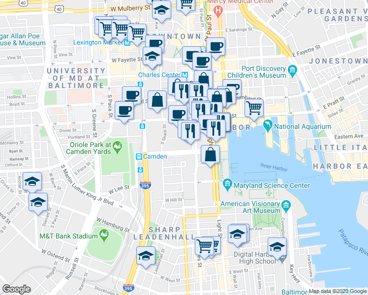 map of restaurants, bars, coffee shops, grocery stores, and more near 300 South Charles Street in Baltimore
