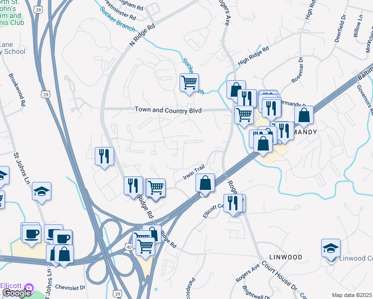 map of restaurants, bars, coffee shops, grocery stores, and more near 8120 Randolph Way in Ellicott City