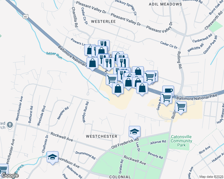 map of restaurants, bars, coffee shops, grocery stores, and more near 6503A Baltimore National Pike in Catonsville