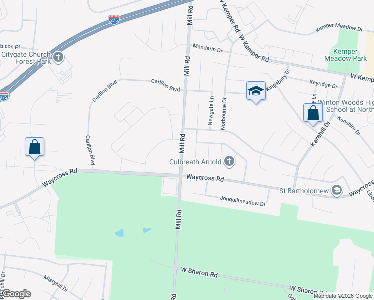 map of restaurants, bars, coffee shops, grocery stores, and more near 11451 Oxfordshire Lane in Cincinnati
