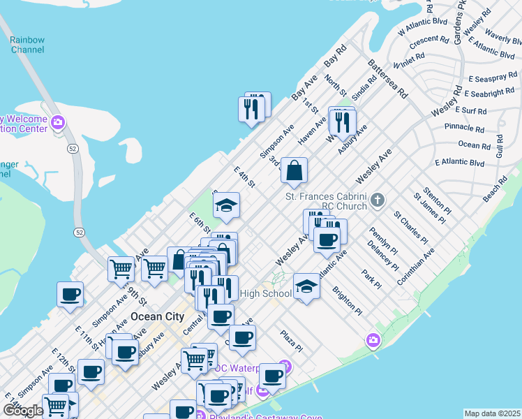 map of restaurants, bars, coffee shops, grocery stores, and more near 204 East 4th Street in Ocean City