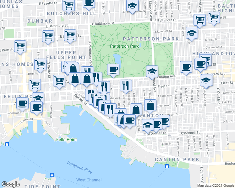 map of restaurants, bars, coffee shops, grocery stores, and more near 2513 Fleet Street in Baltimore