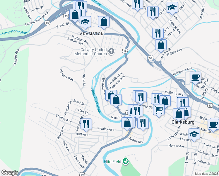 map of restaurants, bars, coffee shops, grocery stores, and more near 53 Watkins Lane in Clarksburg