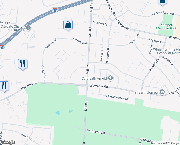 map of restaurants, bars, coffee shops, grocery stores, and more near 11451 Oxfordshire Lane in Cincinnati