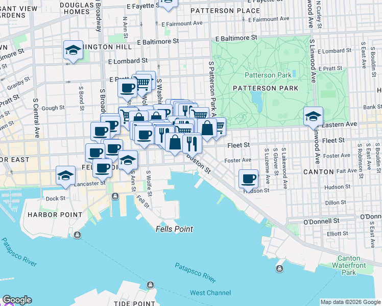 map of restaurants, bars, coffee shops, grocery stores, and more near 2108 Boston Street in Baltimore