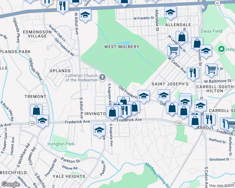 map of restaurants, bars, coffee shops, grocery stores, and more near 142 Collins Avenue in Baltimore