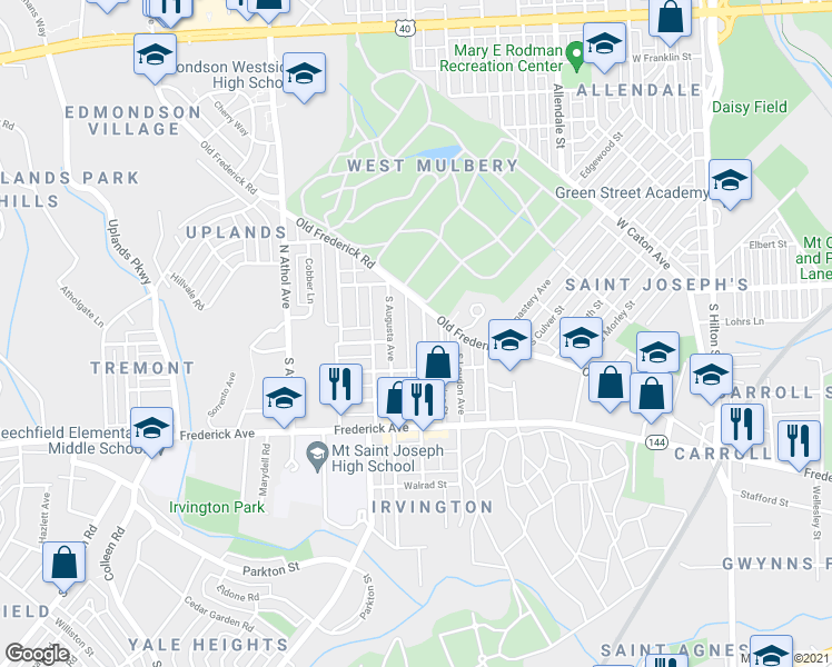map of restaurants, bars, coffee shops, grocery stores, and more near 142 Collins Avenue in Baltimore