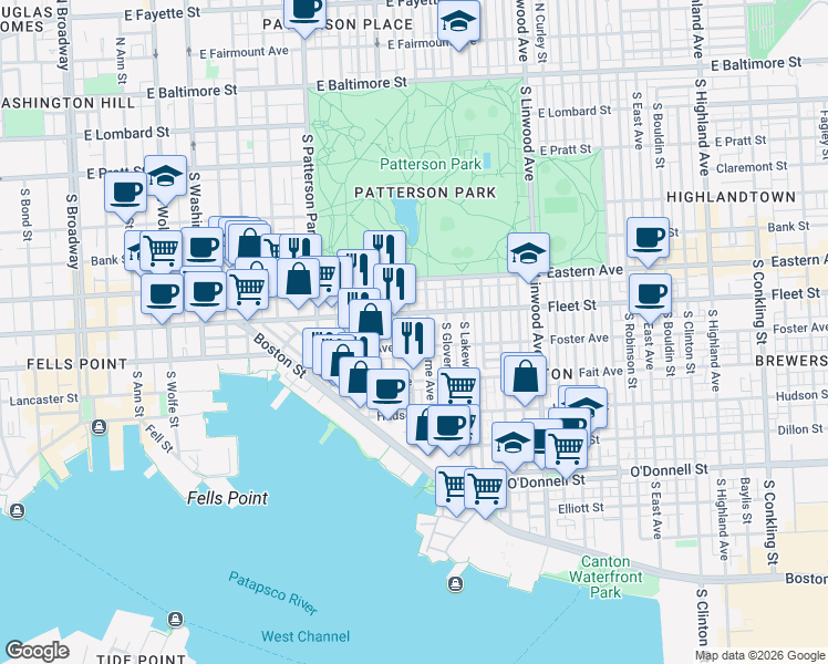 map of restaurants, bars, coffee shops, grocery stores, and more near 615 South Rose Street in Baltimore