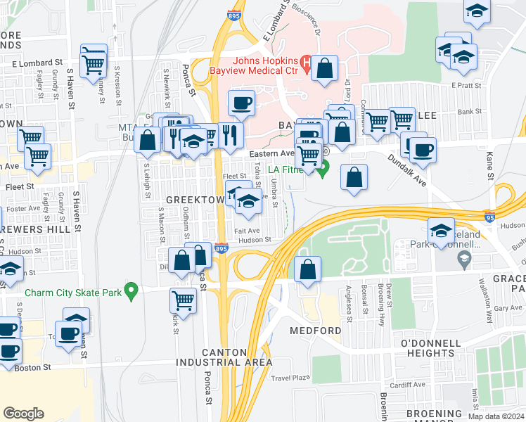 map of restaurants, bars, coffee shops, grocery stores, and more near 725 Tolna Street in Baltimore