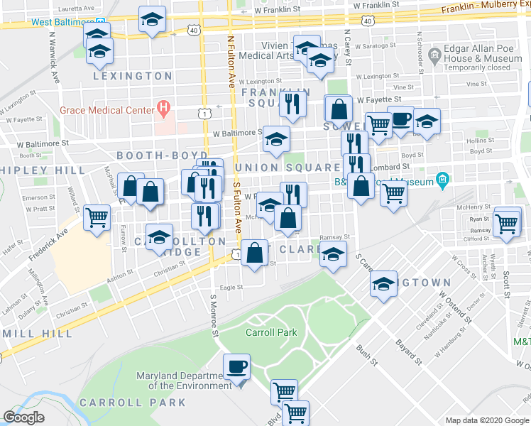 map of restaurants, bars, coffee shops, grocery stores, and more near 1632 McHenry Street in Baltimore
