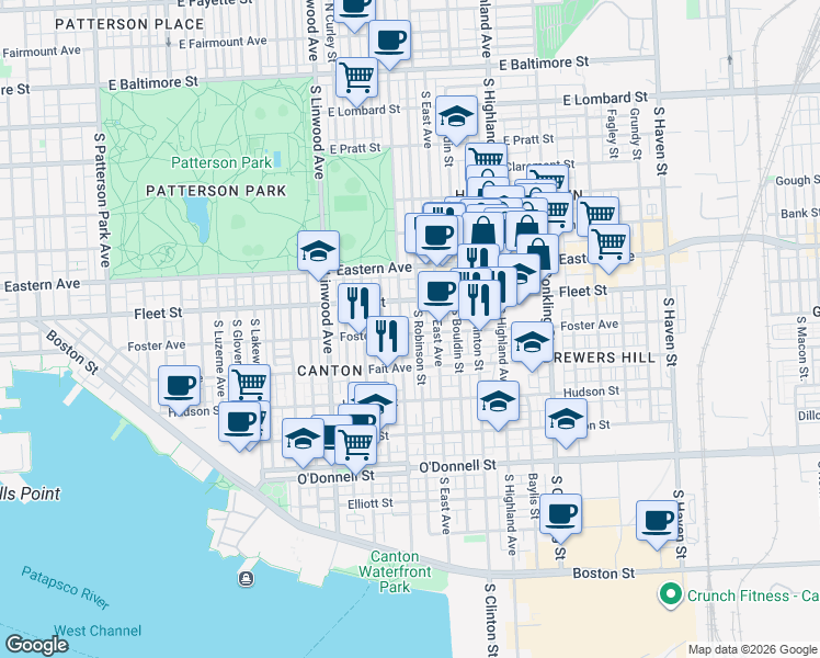 map of restaurants, bars, coffee shops, grocery stores, and more near 3110 Foster Avenue in Baltimore