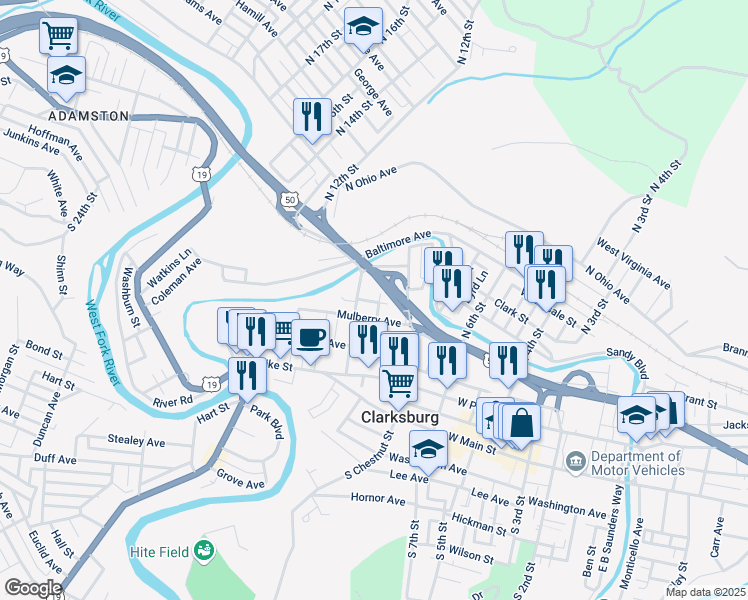 map of restaurants, bars, coffee shops, grocery stores, and more near 327 Sycamore Street in Clarksburg