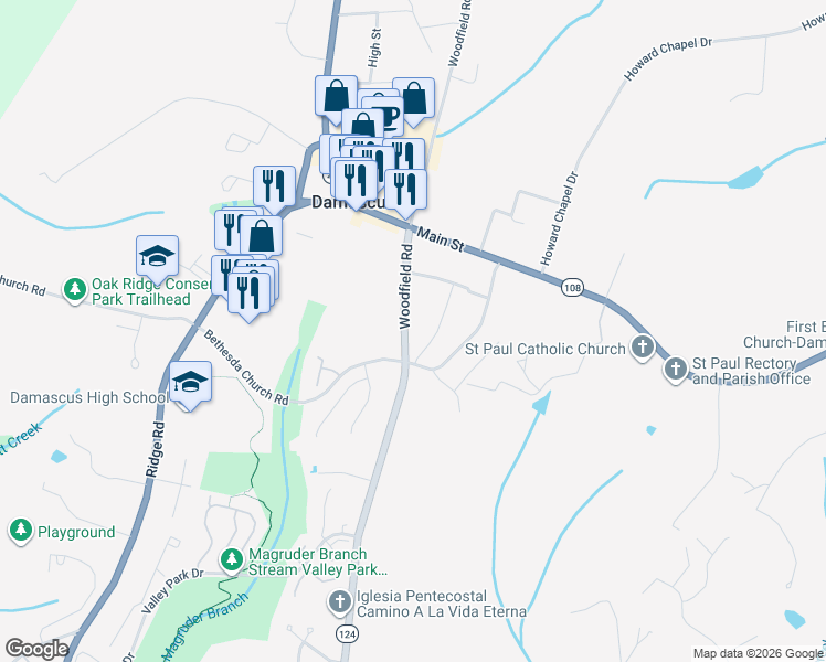 map of restaurants, bars, coffee shops, grocery stores, and more near 26015 Woodfield Road in Damascus