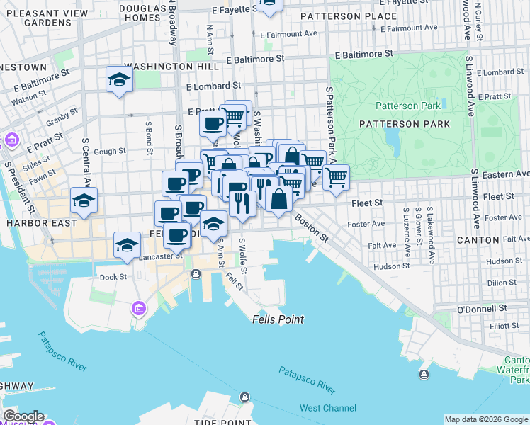 map of restaurants, bars, coffee shops, grocery stores, and more near 2003 Fleet Street in Baltimore