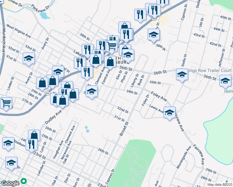 map of restaurants, bars, coffee shops, grocery stores, and more near 3307-3399 Elm Street in Parkersburg
