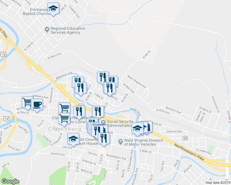 map of restaurants, bars, coffee shops, grocery stores, and more near 180 Baltimore Avenue in Clarksburg