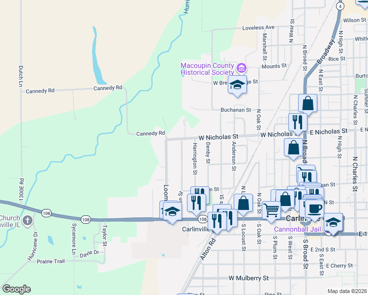 map of restaurants, bars, coffee shops, grocery stores, and more near 619 Minton Street in Carlinville
