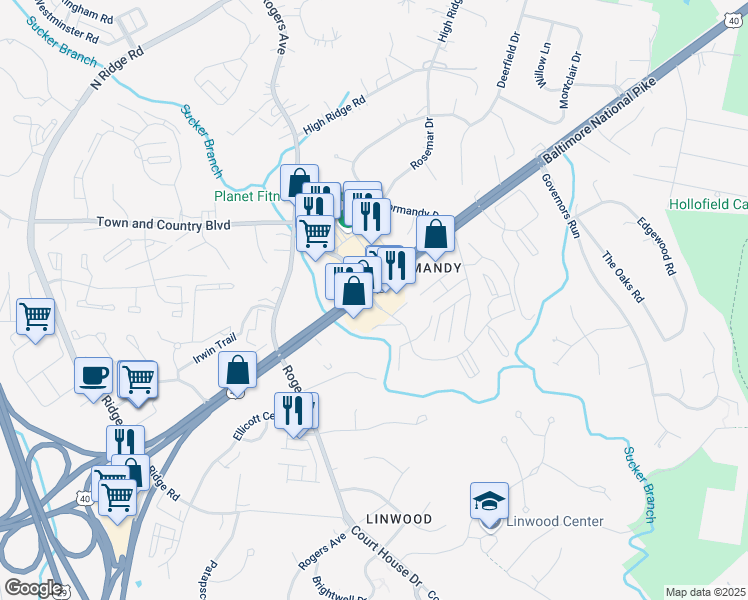 map of restaurants, bars, coffee shops, grocery stores, and more near 3109 Normandy Woods Drive in Ellicott City