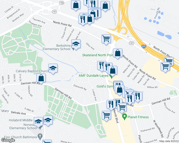 map of restaurants, bars, coffee shops, grocery stores, and more near 7404 Kirtley Road in Baltimore