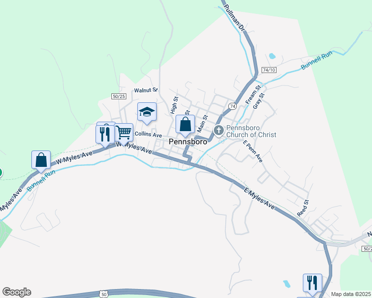 map of restaurants, bars, coffee shops, grocery stores, and more near Broadway Street in Pennsboro