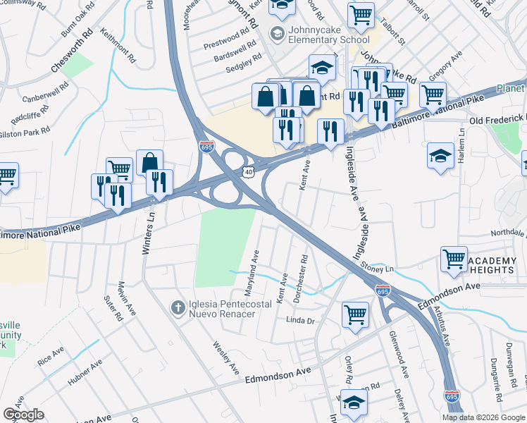 map of restaurants, bars, coffee shops, grocery stores, and more near 605 Maryland Avenue in Catonsville