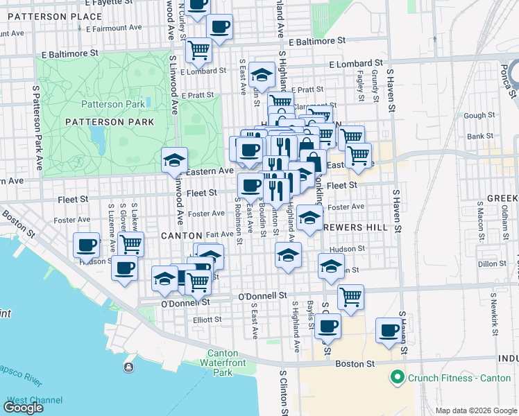 map of restaurants, bars, coffee shops, grocery stores, and more near 607 South Bouldin Street in Baltimore