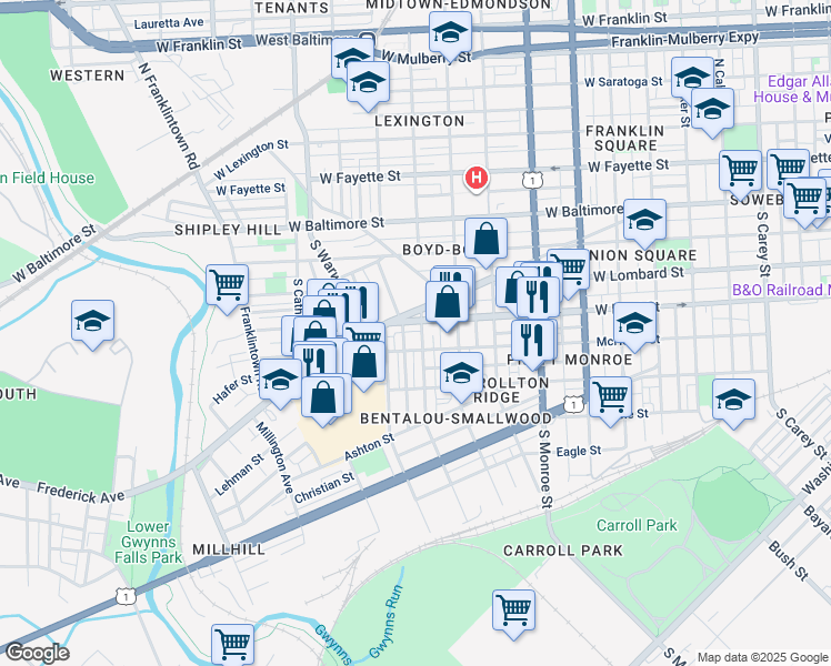 map of restaurants, bars, coffee shops, grocery stores, and more near 200 South Smallwood Street in Baltimore