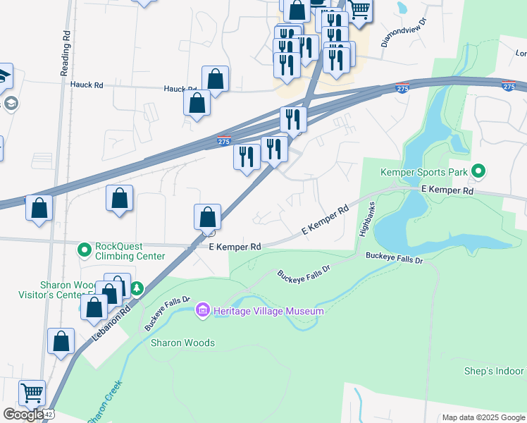 map of restaurants, bars, coffee shops, grocery stores, and more near 18 Woodsview Lane in Cincinnati