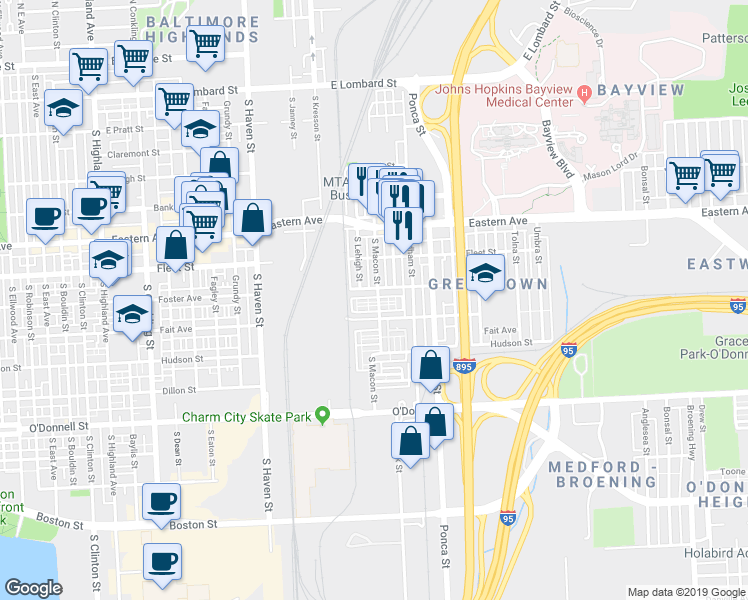 map of restaurants, bars, coffee shops, grocery stores, and more near 735 South Macon Street in Baltimore
