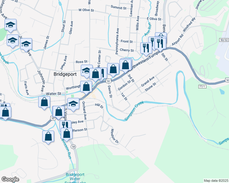 map of restaurants, bars, coffee shops, grocery stores, and more near 100-134 Davis Street in Bridgeport