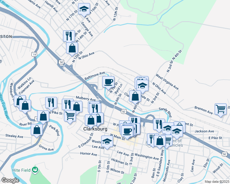 map of restaurants, bars, coffee shops, grocery stores, and more near 701-707 Clark Street in Clarksburg
