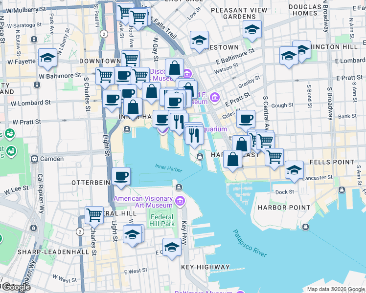 map of restaurants, bars, coffee shops, grocery stores, and more near Baltimore Waterfront Promenade in Baltimore