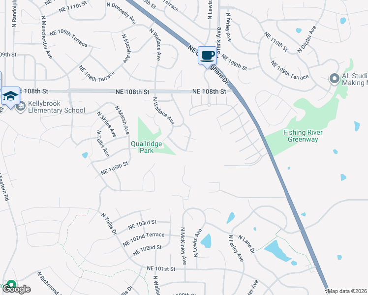 map of restaurants, bars, coffee shops, grocery stores, and more near 10523 North Ditman Avenue in Kansas City