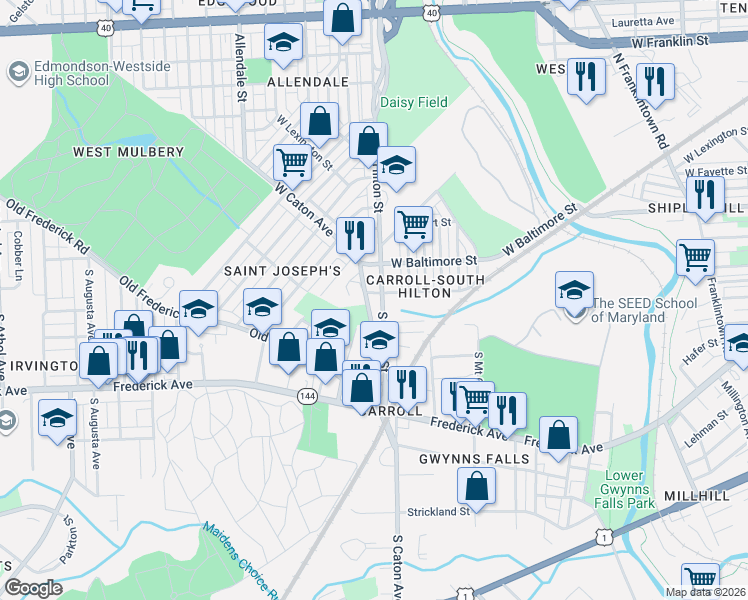 map of restaurants, bars, coffee shops, grocery stores, and more near 116 South Hilton Street in Baltimore