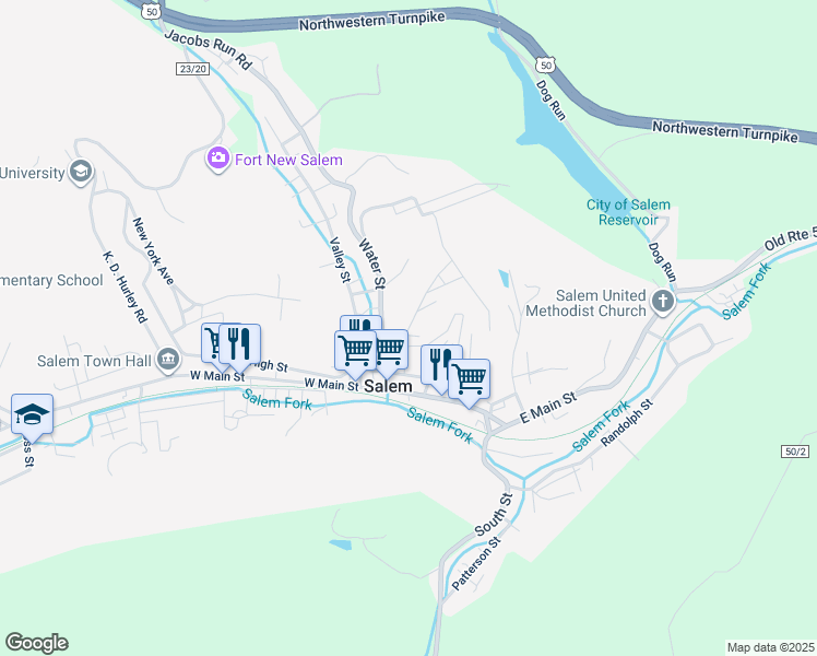 map of restaurants, bars, coffee shops, grocery stores, and more near 1-7 Poplar St in Salem