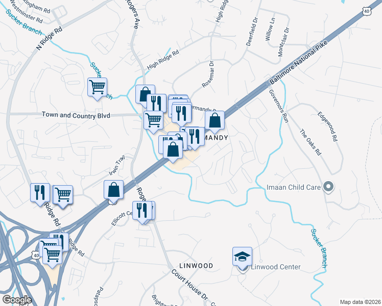 map of restaurants, bars, coffee shops, grocery stores, and more near 8457 Baltimore National Pike in Ellicott City