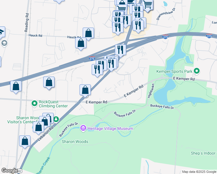 map of restaurants, bars, coffee shops, grocery stores, and more near 18 Woodsview Lane in Cincinnati