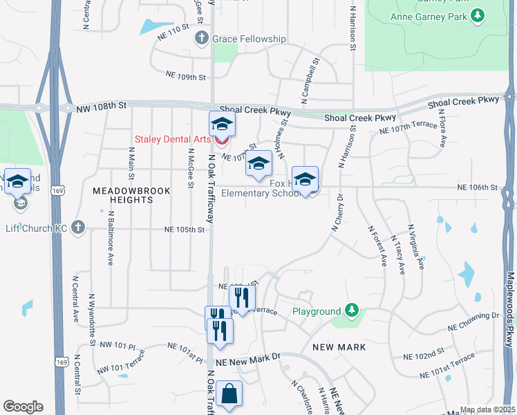 map of restaurants, bars, coffee shops, grocery stores, and more near 515 Northeast 106th Street in Kansas City