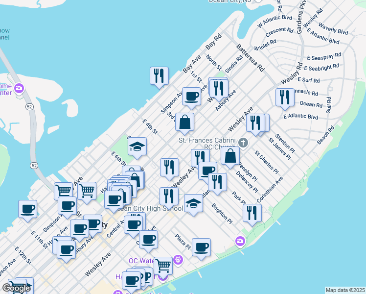 map of restaurants, bars, coffee shops, grocery stores, and more near 309 Asbury Avenue in Ocean City