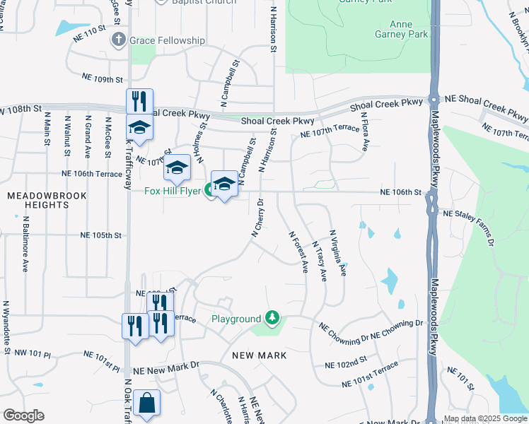 map of restaurants, bars, coffee shops, grocery stores, and more near 10501 North Cherry Drive in Kansas City