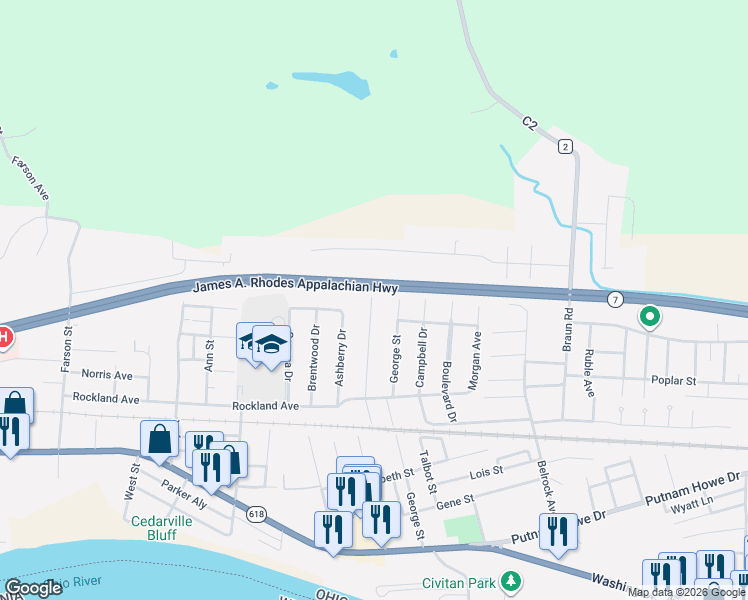 map of restaurants, bars, coffee shops, grocery stores, and more near 905 Westview Drive in Belpre