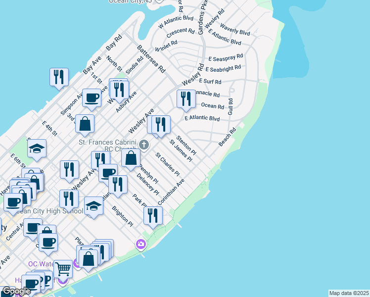 map of restaurants, bars, coffee shops, grocery stores, and more near 821 Saint James Place in Ocean City