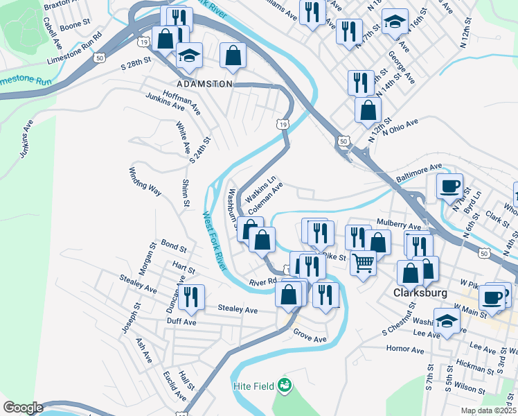 map of restaurants, bars, coffee shops, grocery stores, and more near 53 Watkins Lane in Clarksburg